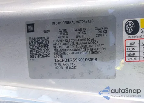 2019 Chevrolet Camaro 1Lt из США, поврежденный, VIN 1G1FB1RS9K0106098